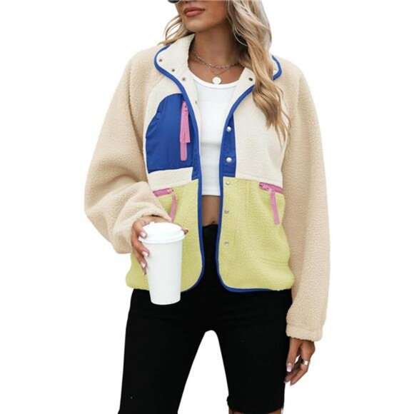Yanekop Womens Fleece Jacket Fuzzy Long Sleeve Short Coats Button
